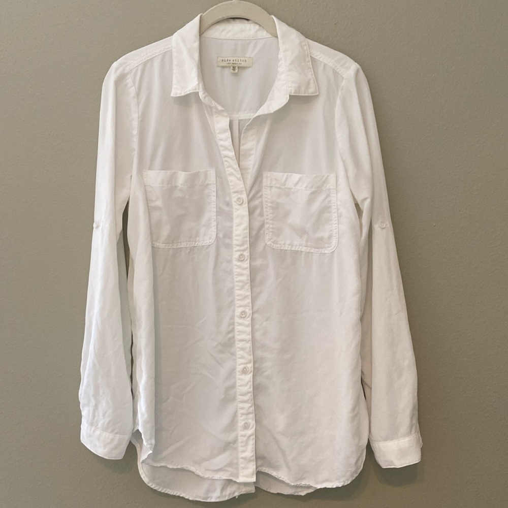 Side Stitch Los Angeles Button Front White Tunic with Roll Tab Sleeve Size XS - Picture 1 of 10